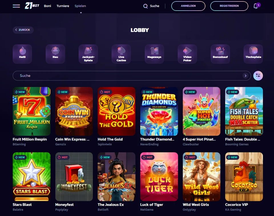 21Bit Spielelobby mit Kategorien, Suche und einer Auswahl aktueller Slots