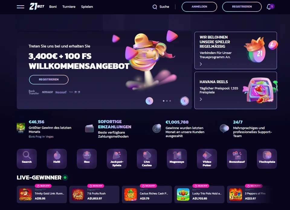 Desktop-Startseite von 21Bit mit Willkommensangebot, Spielkategorien und Live-Gewinnern