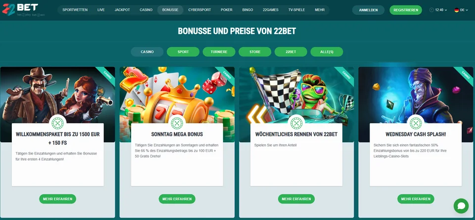 Aktionsbereich von 22Bet mit mehreren Casino-Promotionen