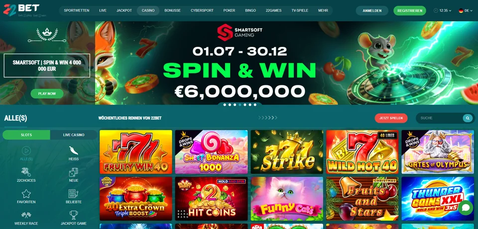 22Bet Startseite mit Casino-Navigation und Spielauswahl