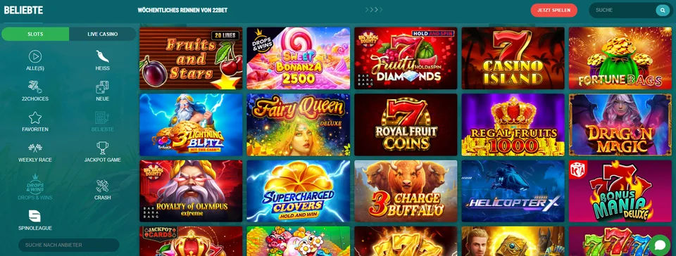 22Bet Spielelobby mit Slots und Filter für Softwareanbieter