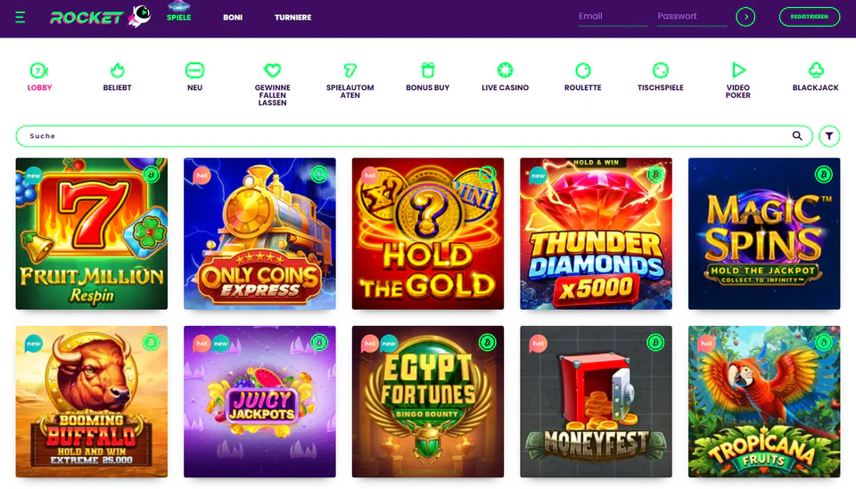 Casino Rocket Spielelobby mit Suche, Kategorien und Slot-Auswahl