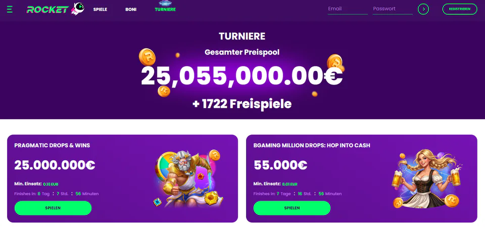 Casino Rocket Turnierseite mit Preispool und laufenden Aktionen