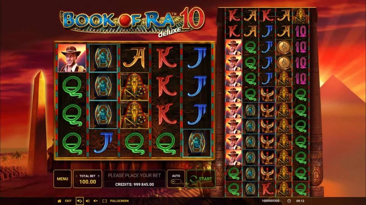 Book of Ra deluxe 10: Spielfeld der offiziellen Greentube-Produktseite