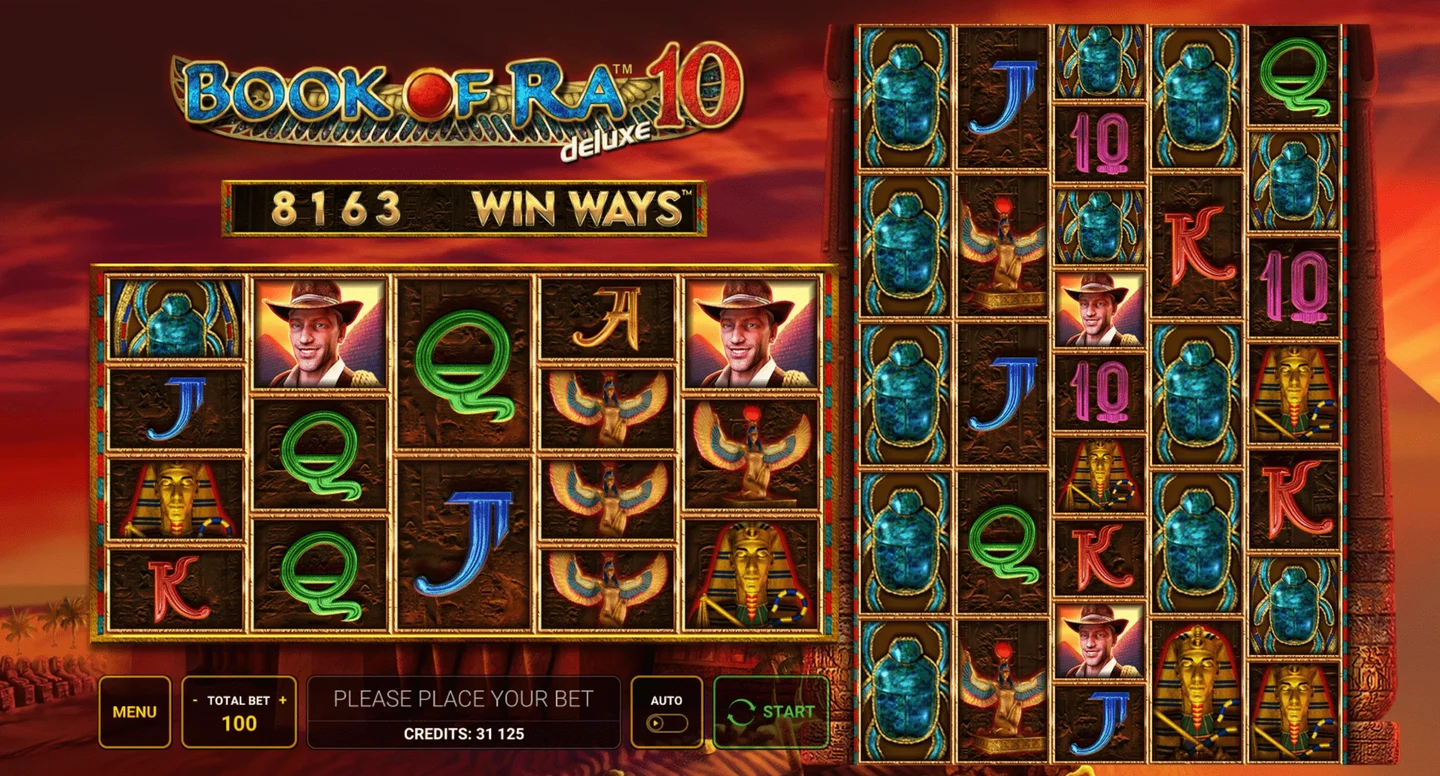 Book of Ra deluxe 10: Win Ways: Spielfeld der offiziellen Greentube-Produktseite
