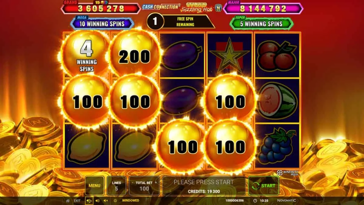 Golden Sizzling Hot: fixierte Geldscheiben und ein Preis mit vier Winning Spins
