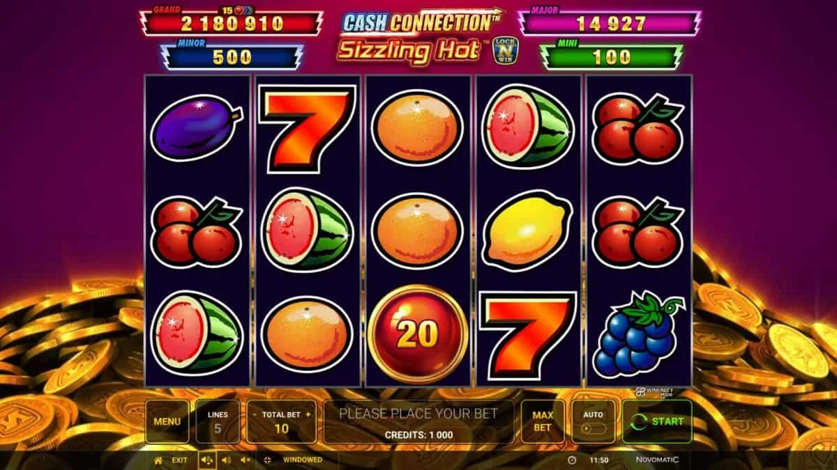 Cash Connection Sizzling Hot: Fruchtwalzen, Geldscheibe und vier Jackpotanzeigen