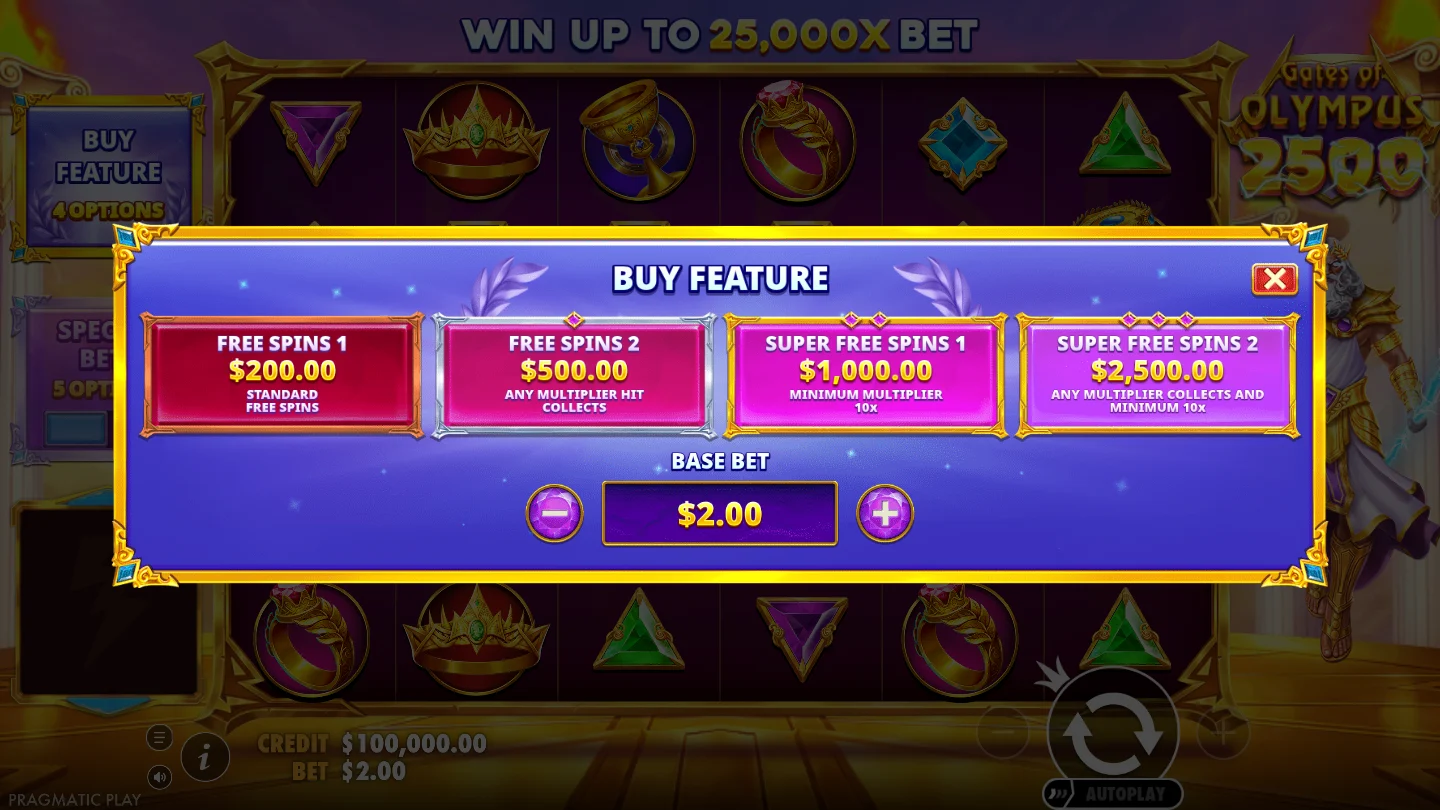 Die vier direkten Bonuszugänge bei 2 USD Basiseinsatz: Free Spins 1 und 2 sowie die beiden Super-Varianten.