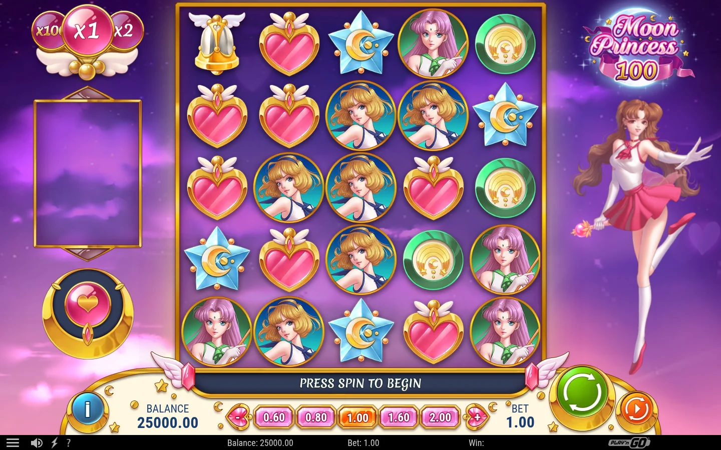 Moon Princess 100: das 5×5-Spielfeld mit Figuren und Funktionsanzeigen
