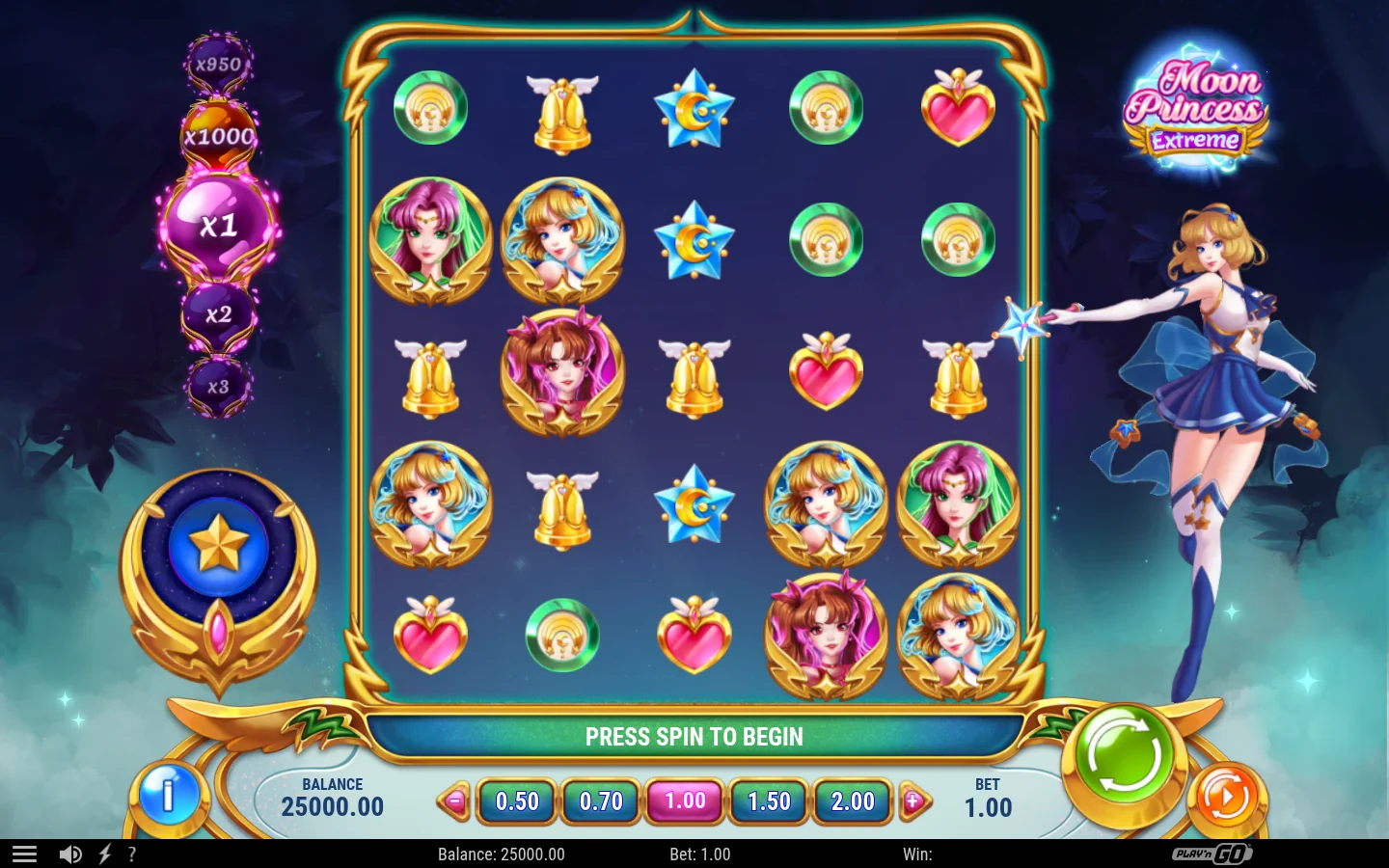 Moon Princess Extreme: das 5×5-Spielfeld mit Figuren und Funktionsanzeigen