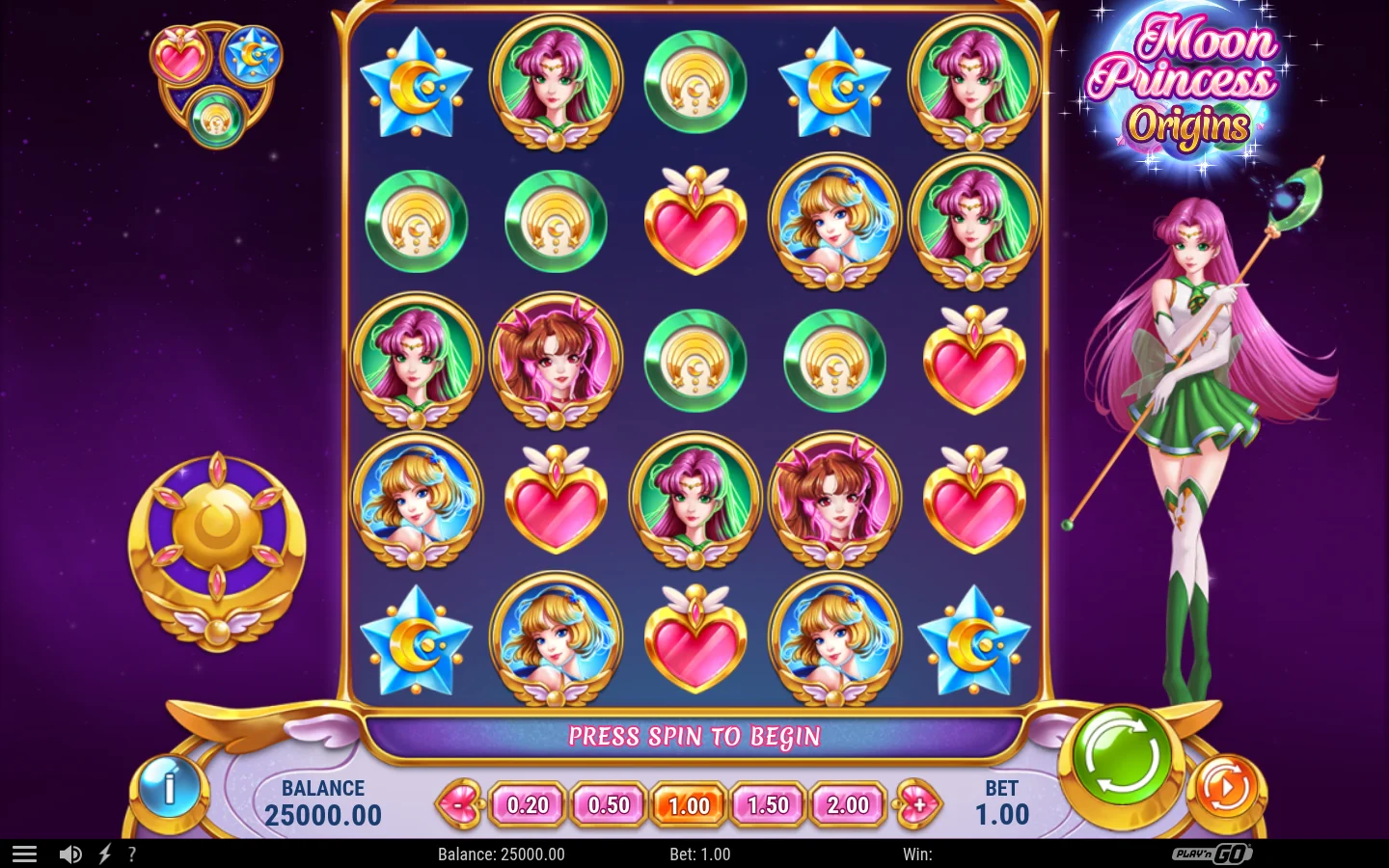 Moon Princess Origins: das 5×5-Spielfeld mit Figuren und Funktionsanzeigen