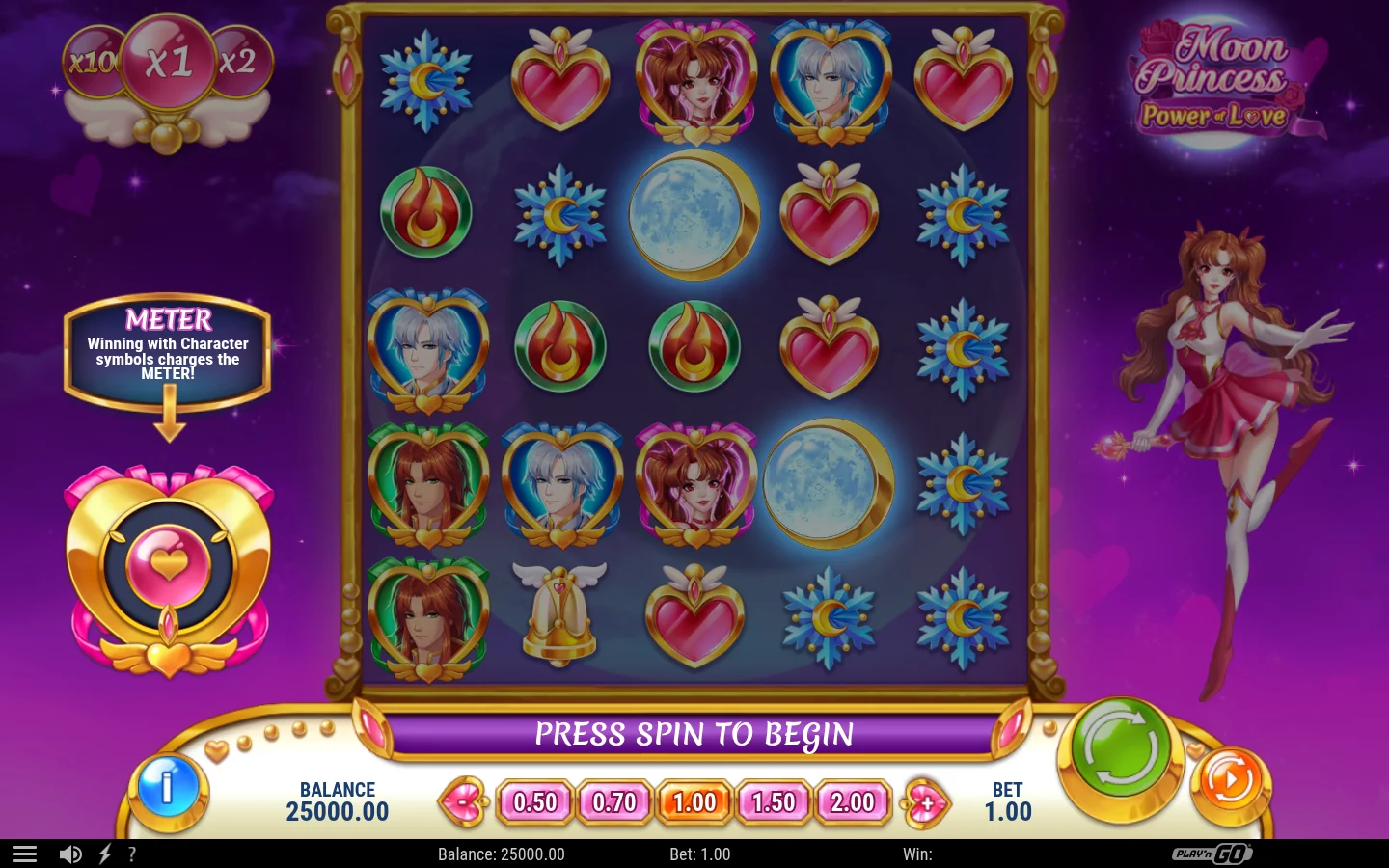 Moon Princess Power of Love: das 5×5-Spielfeld mit Figuren und Funktionsanzeigen