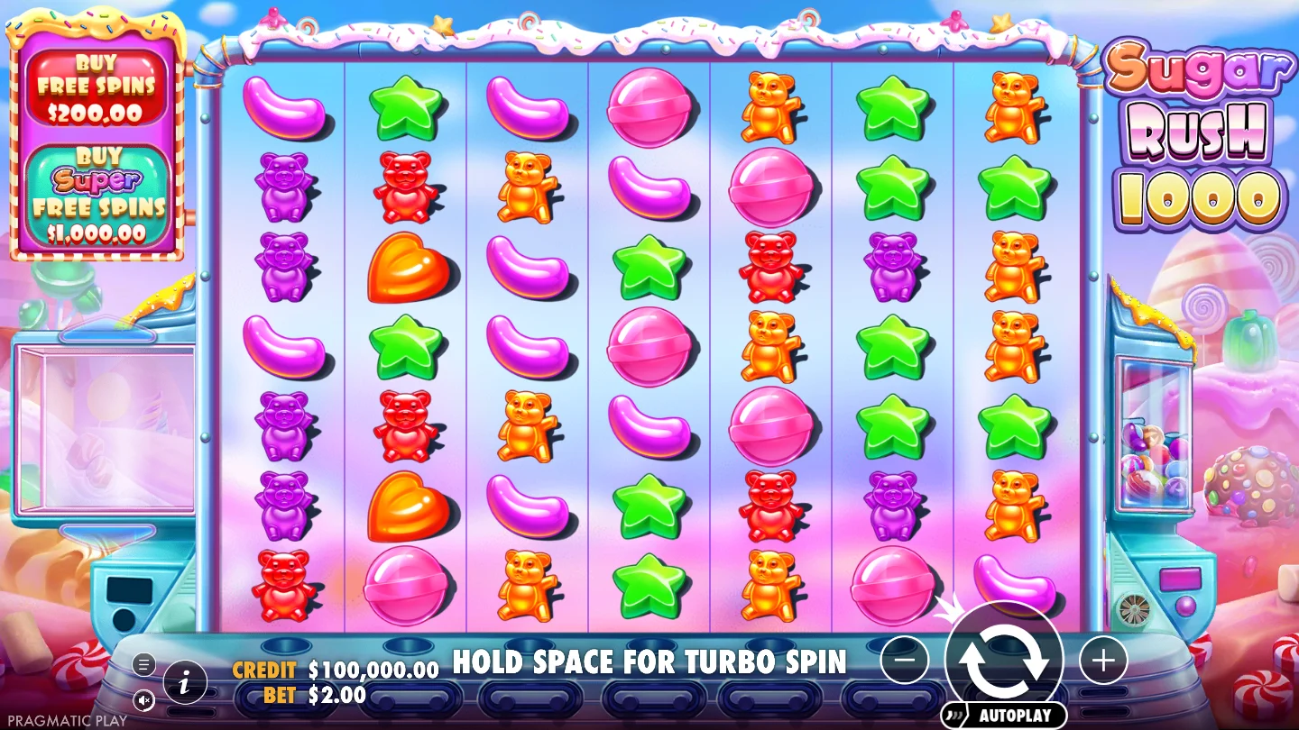 Sugar Rush 1000 behält das quadratische Feld. Links sind die beiden Bonuskäufe für normale und vorbereitete Freispiele zu sehen.