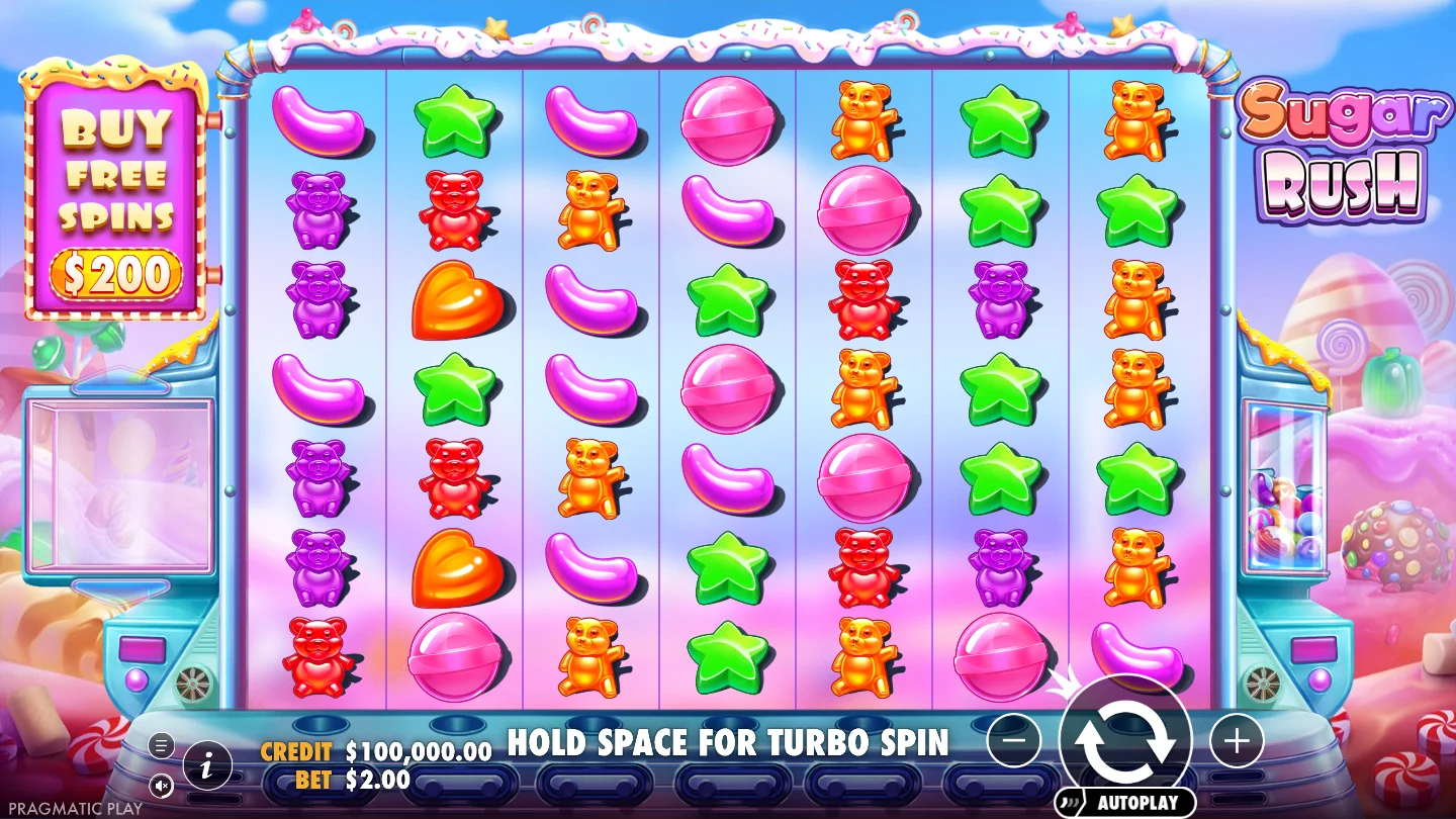 Das 7×7-Feld von Sugar Rush: Gleiche Nachbarn bilden Gruppen, die Scatterraketen zählen überall.