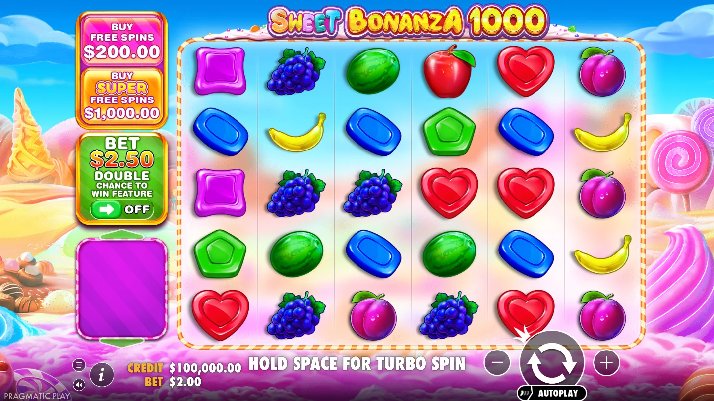 Sweet Bonanza 1000: Spielfeld mit sechs Walzen und fünf Reihen in der offiziellen Demo