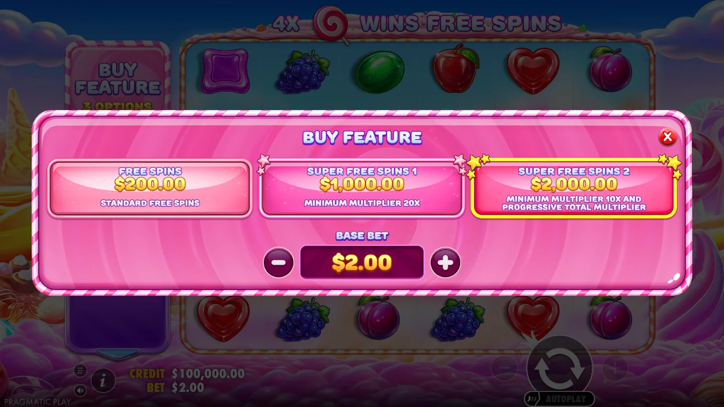 Sweet Bonanza 2500: Menü mit den drei Bonuskäufen bei 2 USD Basiseinsatz