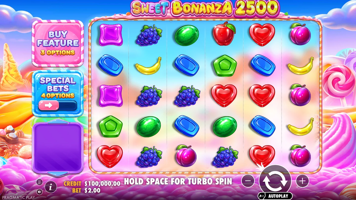 Sweet Bonanza 2500: Spielfeld mit sechs Walzen und fünf Reihen in der offiziellen Demo