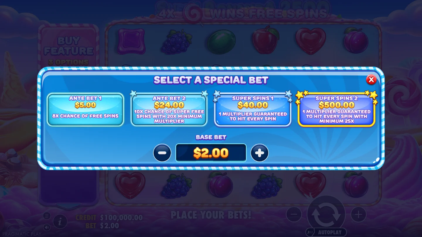 Sweet Bonanza 2500: Menü mit den vier Sonderwetten bei 2 USD Basiseinsatz