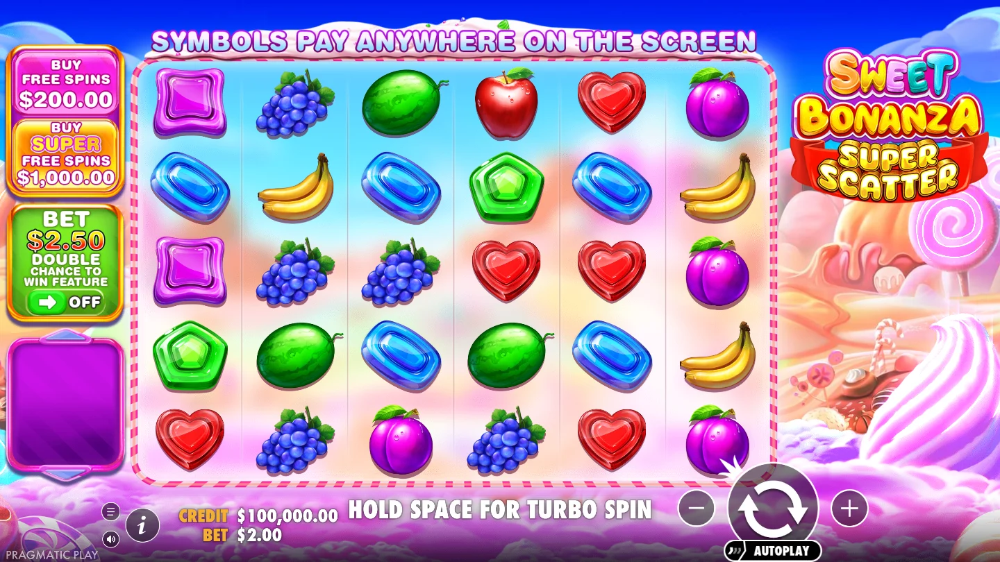 Sweet Bonanza Super Scatter: Spielfeld mit sechs Walzen und fünf Reihen in der offiziellen Demo
