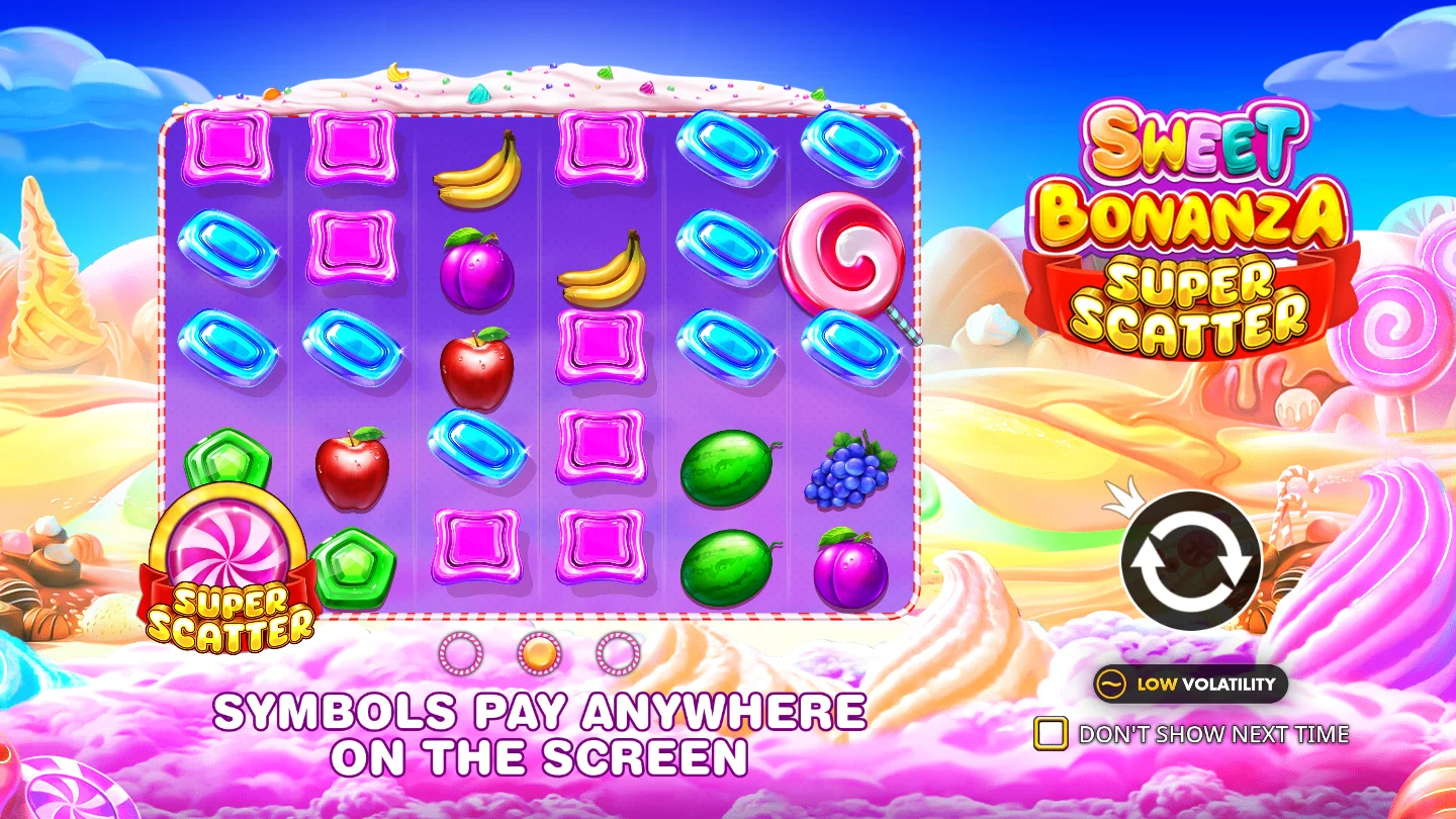 Sweet Bonanza Super Scatter: Titelbild und Süßigkeitenwelt der offiziellen Demo