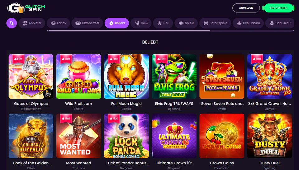 Spielelobby von GlitchSpin mit Kategorien und einer Auswahl beliebter Slots