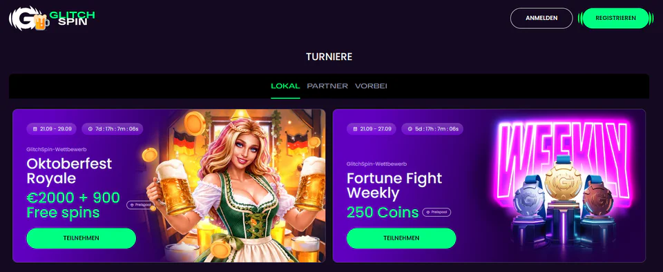 Turnierbereich von GlitchSpin mit zwei laufenden Wettbewerben