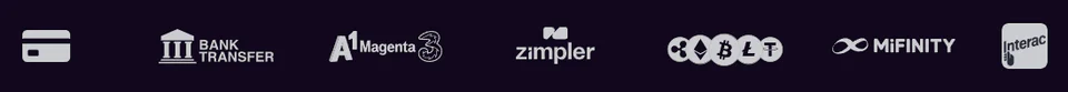 Von GlitchSpin angezeigte Zahlungsarten mit Banküberweisung, A1, Zimpler, Kryptowährungen, MiFinity und Interac