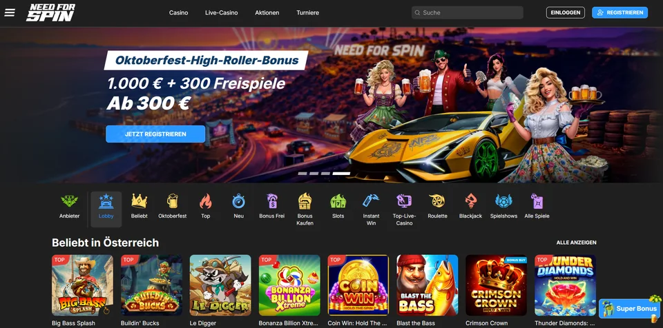 Need For Spin Casino Startseite mit Spielekategorien