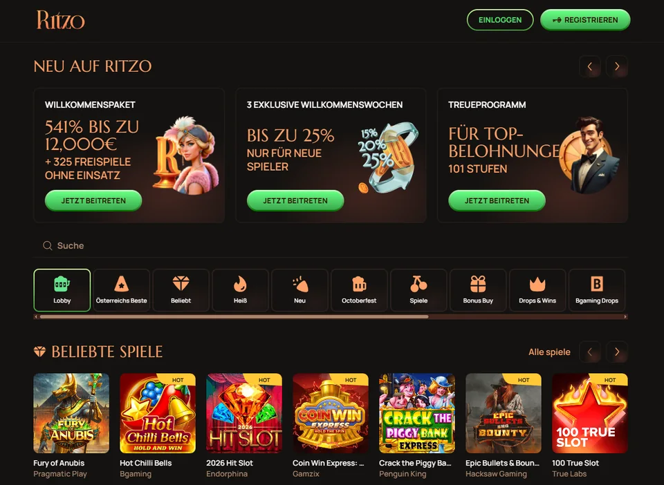 Ritzo Startseite mit Spielkategorien, Willkommensangebot und Treueprogramm