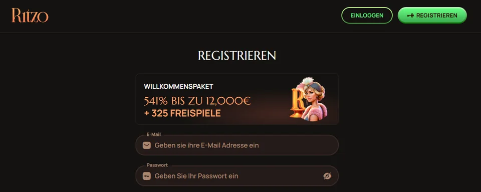 Registrierungsseite von Ritzo mit Kontoformular und Willkommensangebot
