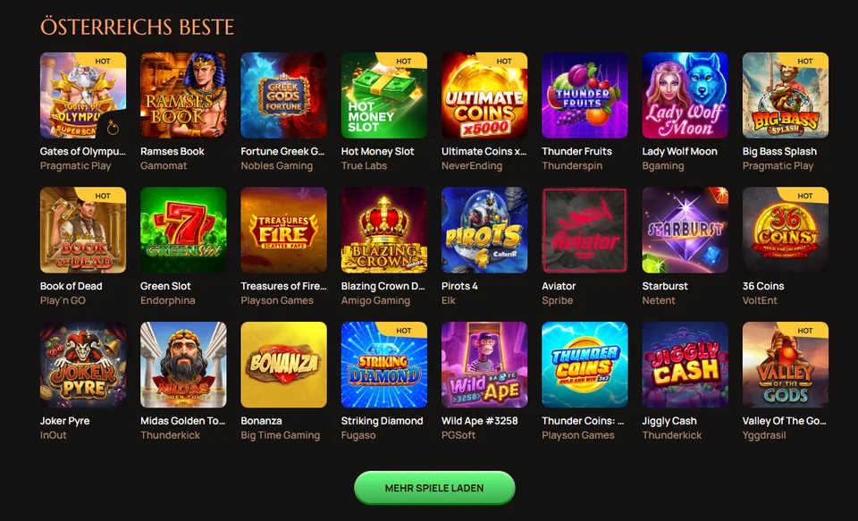 Ritzo Spieleauswahl für Österreich mit Slots verschiedener Anbieter