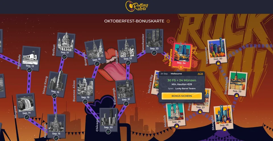 RollingSlots Bonuskarte mit freischaltbaren Stationen