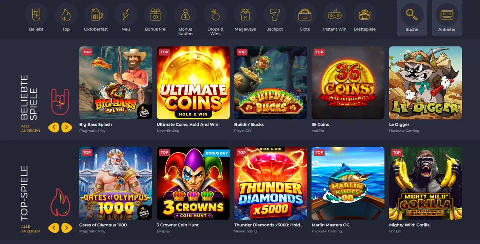 RollingSlots Spielelobby mit verschiedenen Slots