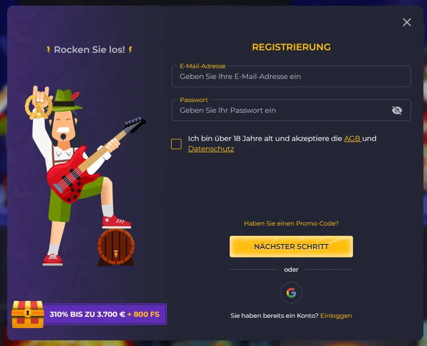 RollingSlots Registrierungsfenster