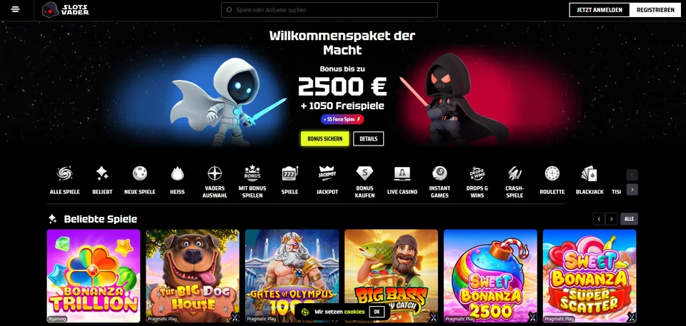 SlotsVader Casino Lobby mit Weltraumthema