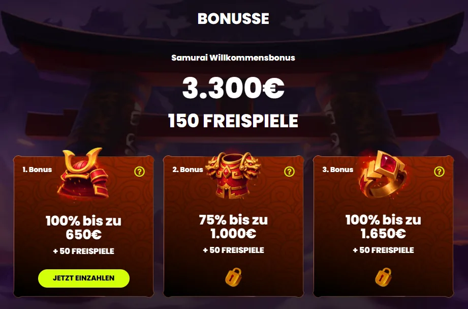 Spin Samurai Willkommenspaket mit drei Einzahlungsstufen und 150 Freispielen