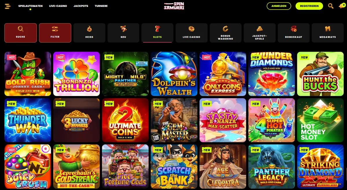 Spin Samurai Spielelobby mit Kategorien und einer Auswahl an Spielautomaten