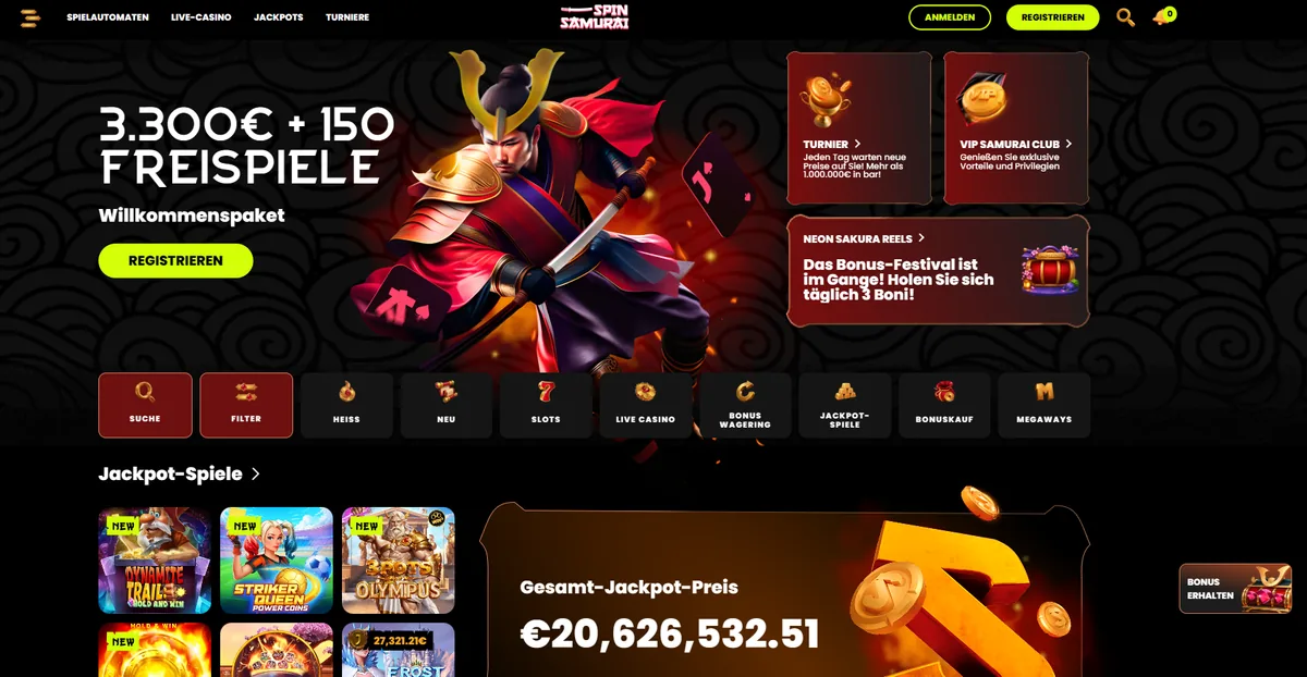 Spin Samurai Startseite mit Willkommenspaket, Samurai-Motiv und Spielkategorien