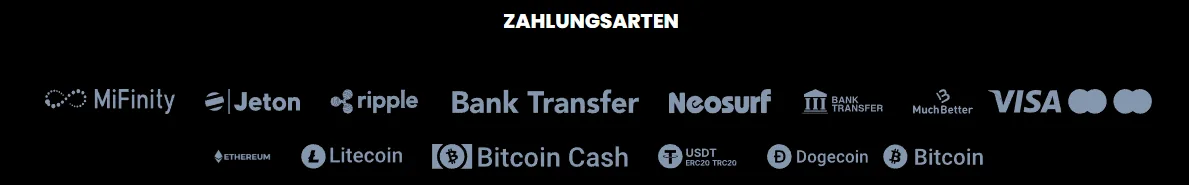 Bei Spin Samurai gezeigte Zahlungsarten mit Karten, E-Wallets, Banküberweisung und Kryptowährungen