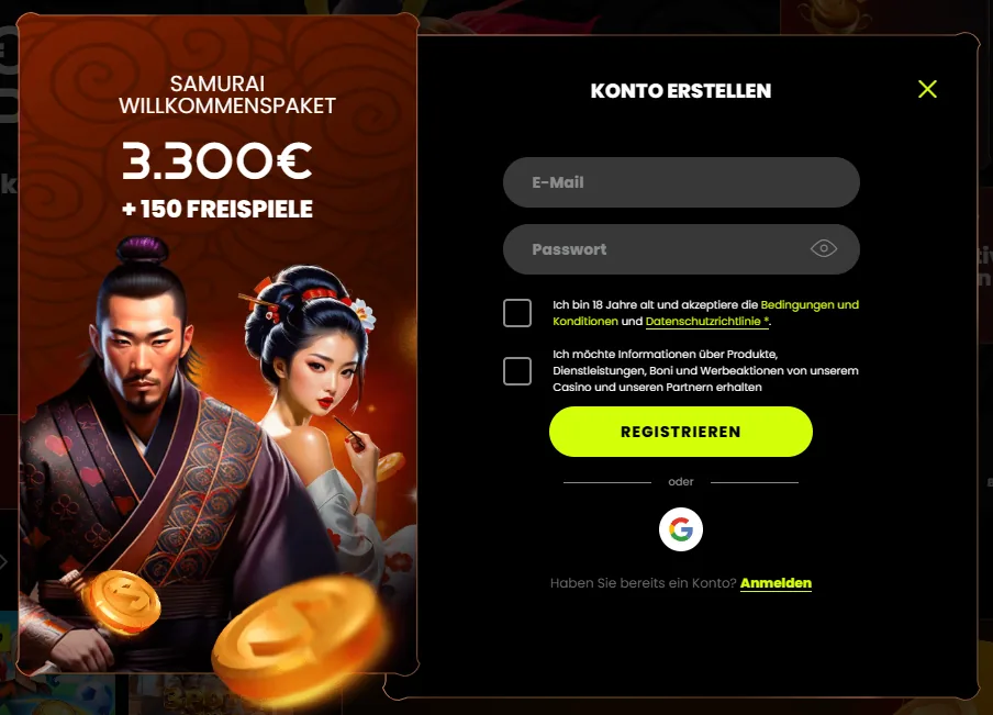 Spin Samurai Registrierungsfenster mit Willkommensangebot und deutschsprachigem Formular