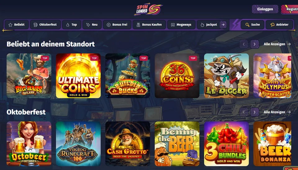 Spinlander Spielauswahl mit Slot-Kacheln