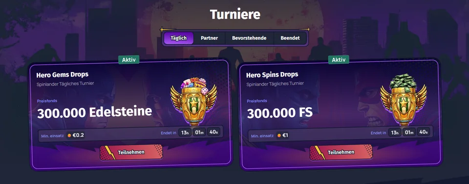 Spinlander Turnierseite mit laufenden Wettbewerben
