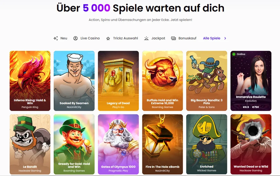 Trickz Spielelobby mit Slots und Live Casino