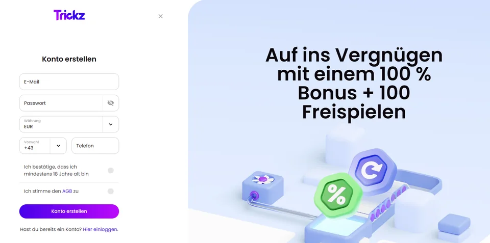 Registrierungsformular von Trickz mit EUR und österreichischer Vorwahl