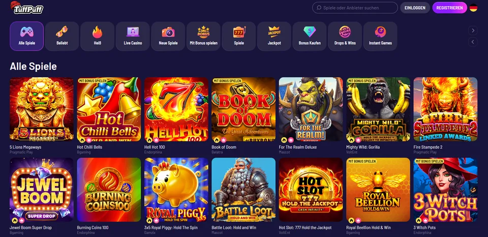 TuffPuff Spielauswahl mit Slots verschiedener Studios