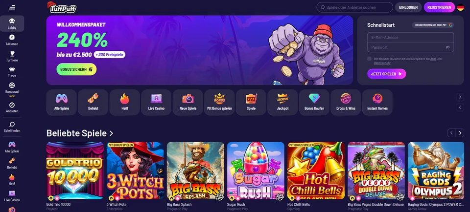 TuffPuff Casino Lobby mit Kategorien und Spielkacheln