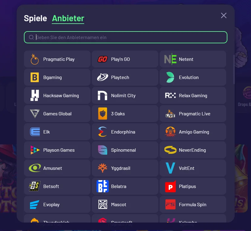 TuffPuff Liste der verfügbaren Spieleanbieter