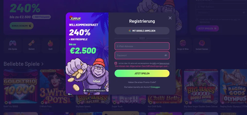 TuffPuff Registrierung mit Feldern für E-Mail, Passwort und Währung