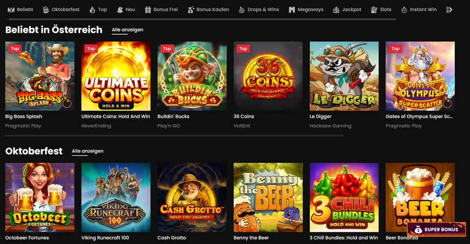 Wild Tokyo Spielelobby mit Slots und Kategorien