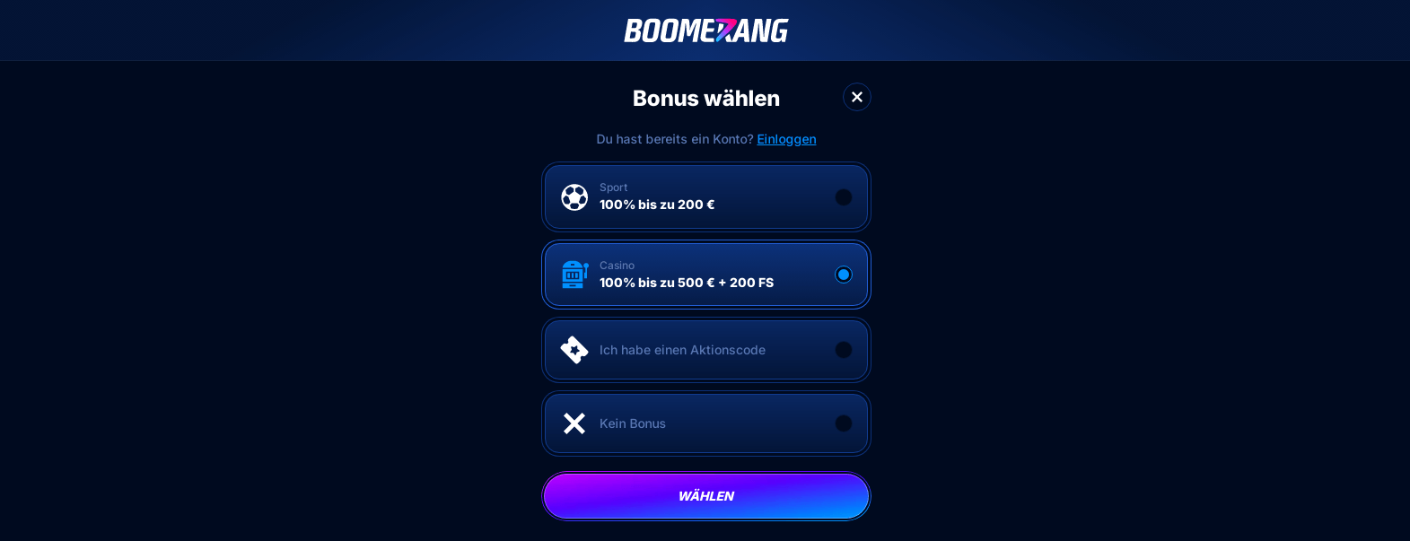 Boomerang-Bet Casino Konto erstellen